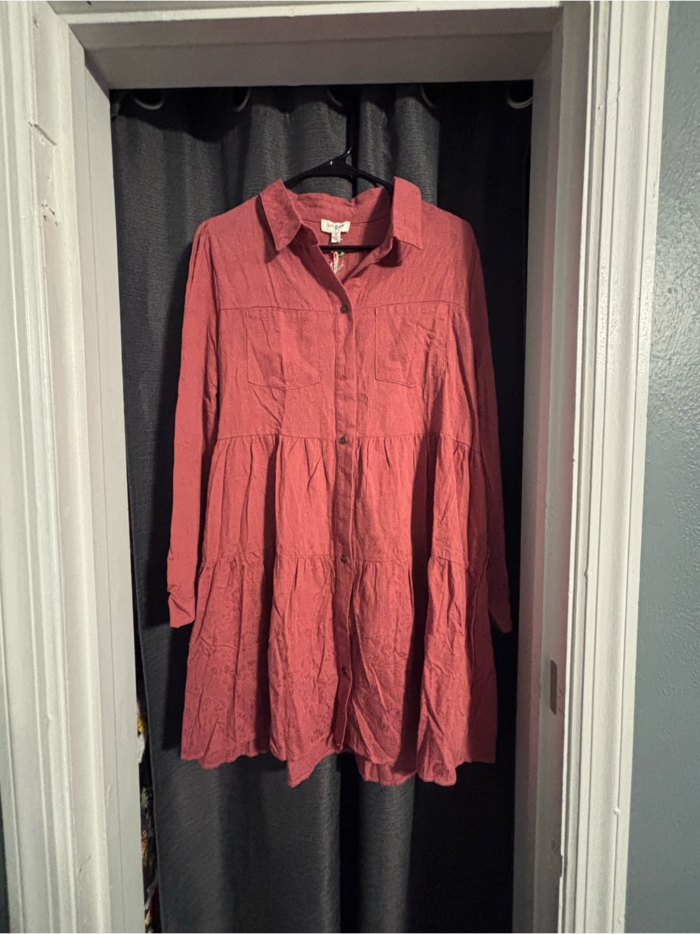 Long Sleeve Button-Front Rust Tiered Shirt Dress